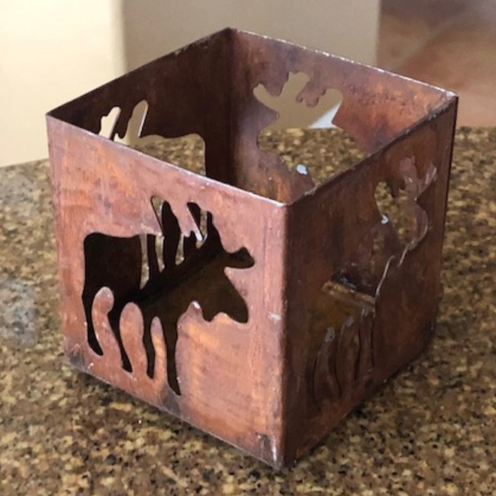 Rustic Rare Distressed Metal Moose Cutout Pillar Holder